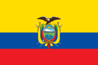 The flag of Ecuador is composed of the horizontal bands of yellow, blue and red, with the yellow band twice the height of the other two bands. The Ecuadorian coat of arms is superimposed in the center of the field.